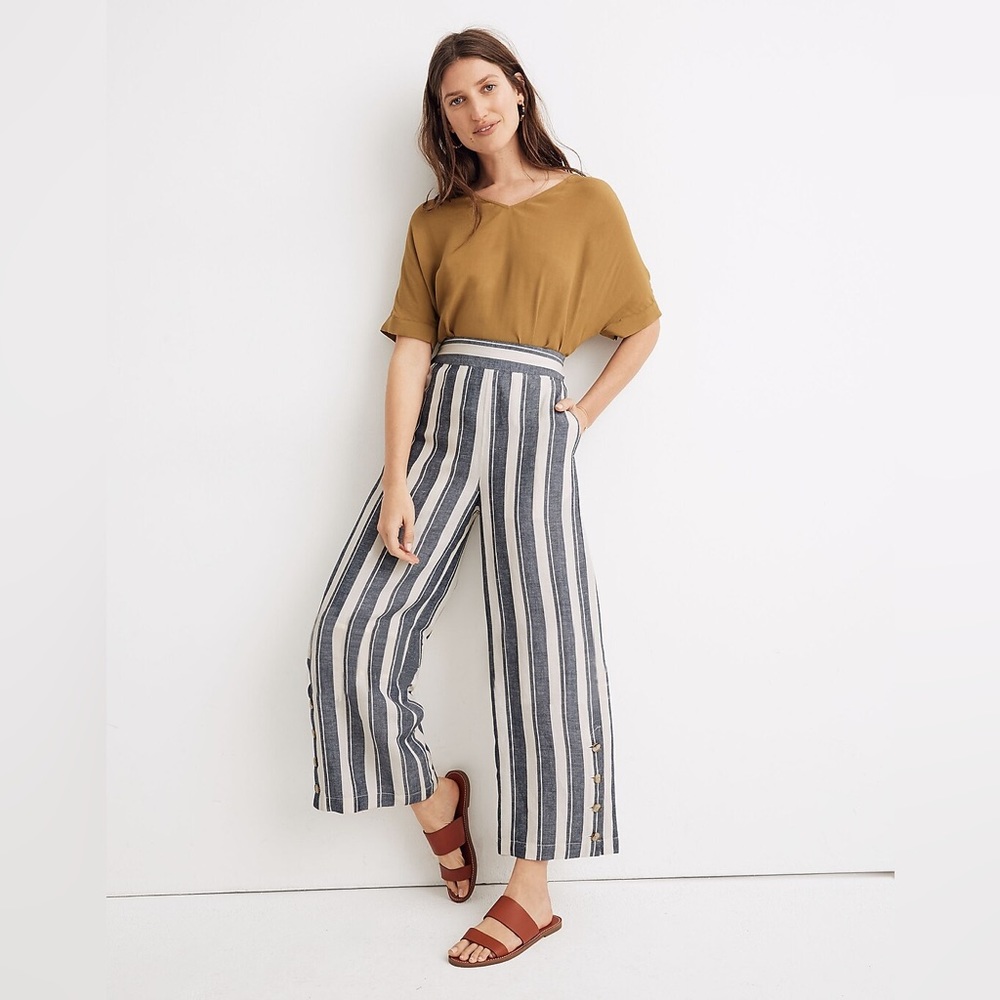 Madewell High-Waisted Blue and White Linen Pants (Size Small)